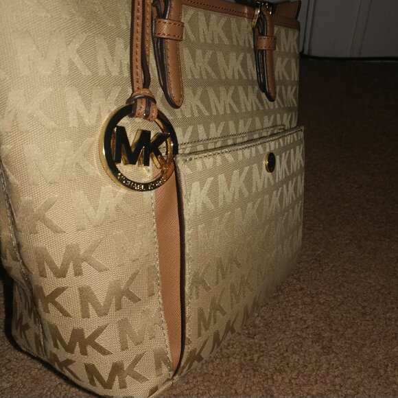 Michael Kors Tan MK Logo Canvas Shoulder Bag W/Brown Leather Trim - Medium Sized - Picture 7 of 15